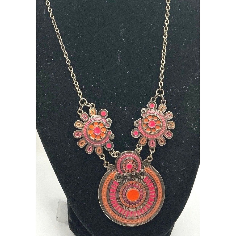 Boho Red & Orange Medallion Necklace - 16" + 2" extender